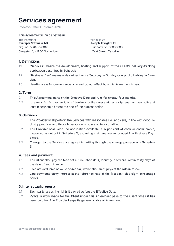 The first page of the contract example