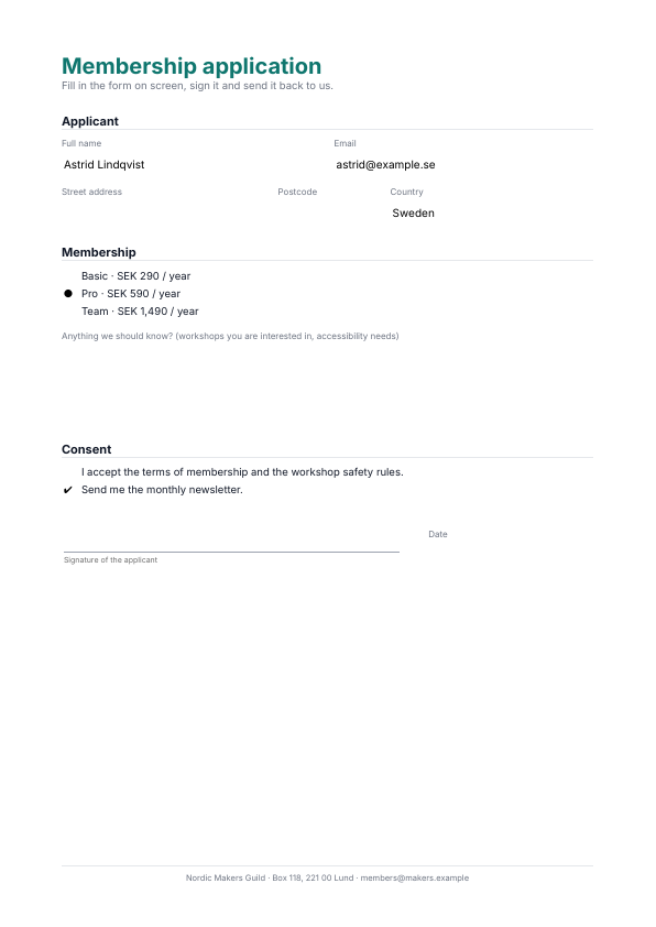 The first page of the application form example