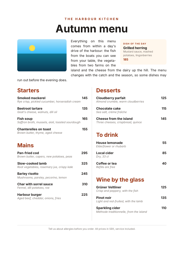 The first page of the menu example