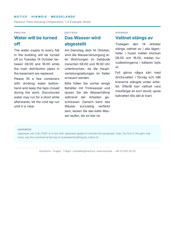The first page of the multilingual notice example