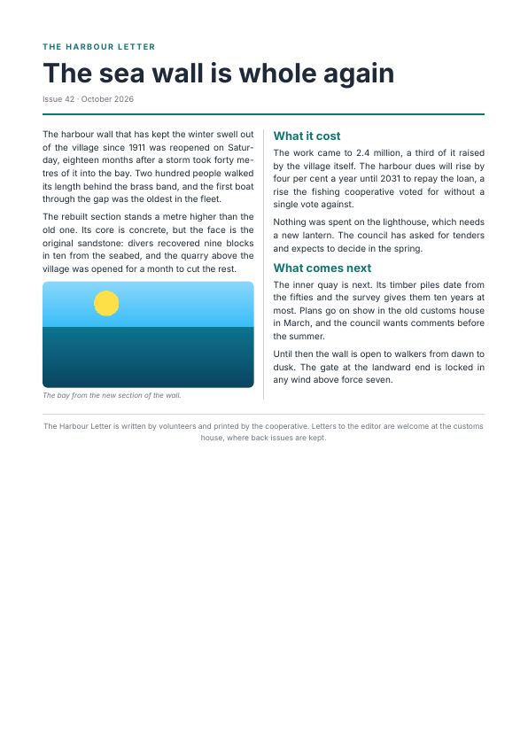 The first page of the newsletter example