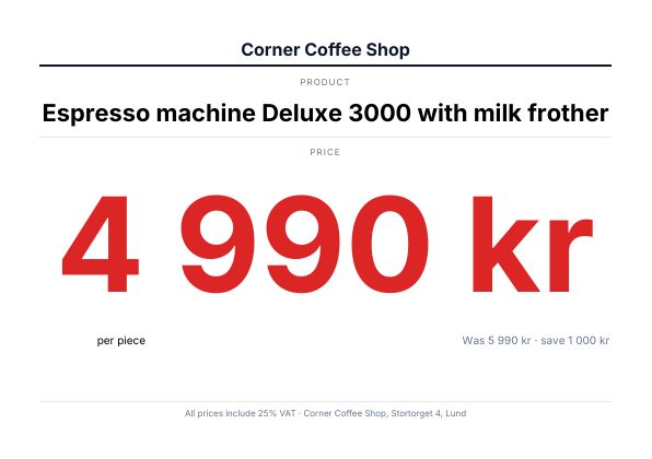 The first page of the price card example