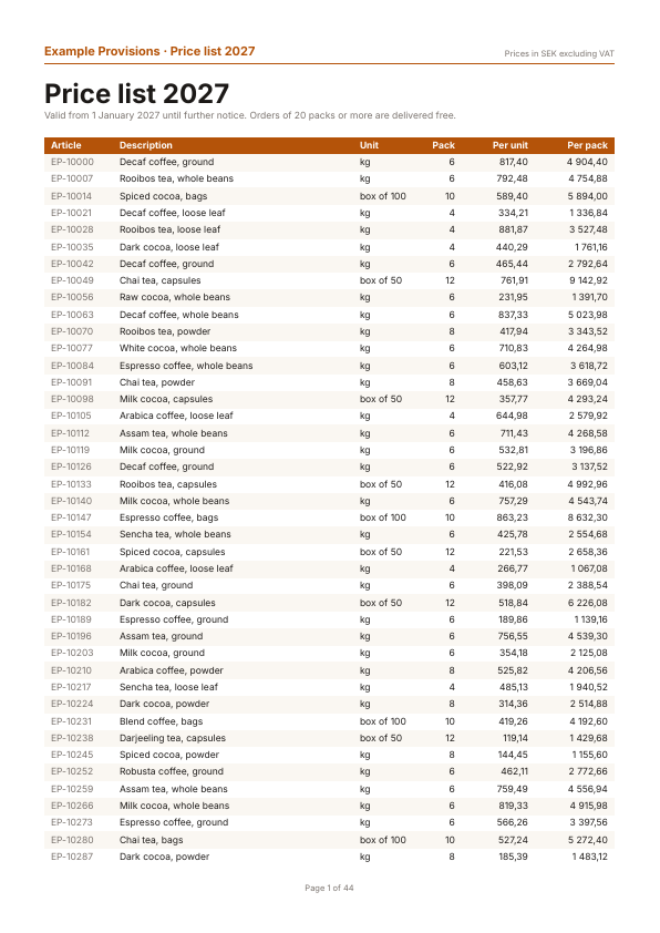 The first page of the price list example