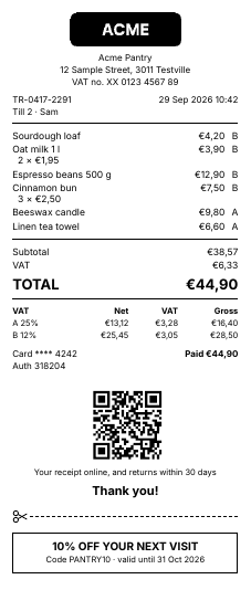 The first page of the receipt example