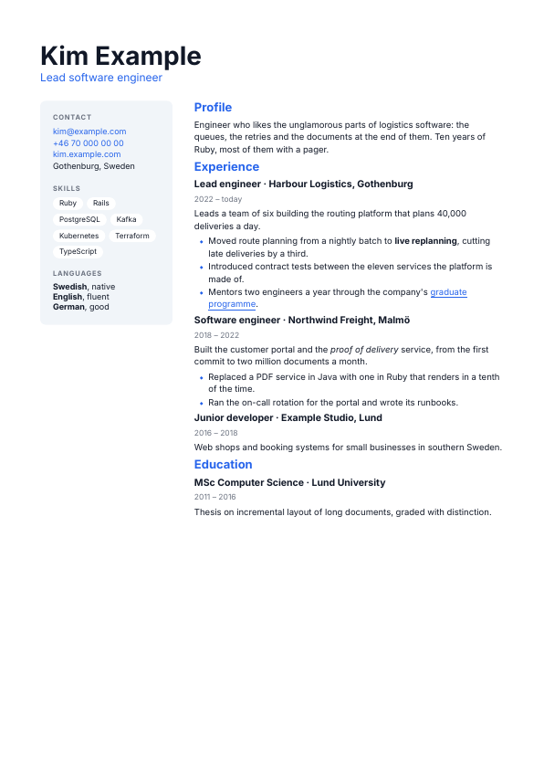 The first page of the résumé example